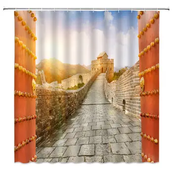

LB Great Wall of China Mountain Shower Curtains Bathroom Curtain with Mat Set Scenic Waterproof Fabric For Bathtub Decor
