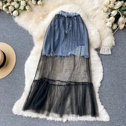 Womens Sexy Mesh Tulle Skirts 2022 Spring Summer High Waist Long Blue Jeans Skirt Tutu Ruffle Denim Patchwork Midi Skirt New
