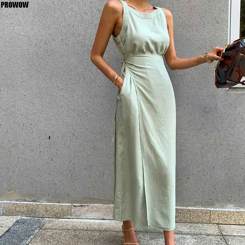 2020 New Summer Vintage Sleeveless Solid Dress For Women Office O Neck Off Shoulder High Waist Bandage Midi Dresses Female