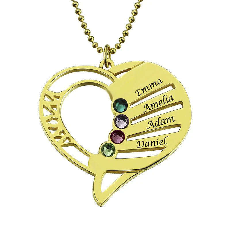 

StrollGirl 925 Sterling Silver Engraved Heart Birthstones Pendant Necklace Personalized Custom Name Collars Mother's Day Gift