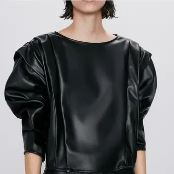 

2020 spring autumn fashion pu leather blouse women o-neck puff sleeve top shirt