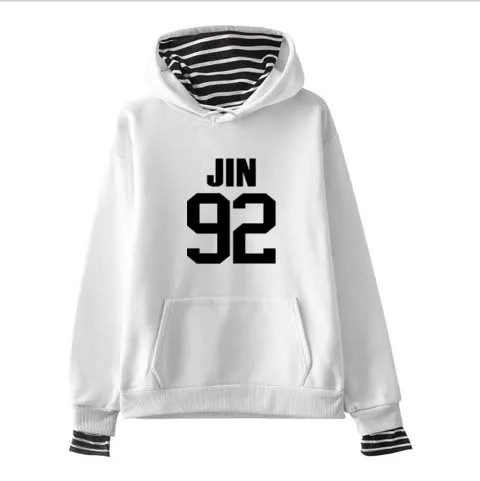 Kpop jin suga женский студенческий harajuku полосатый воротник свободный поддельный два плюс бархат с капюшоном Толстовка k-pop Bangtan мальчики розовые Топы пальто - Цвет: JIN