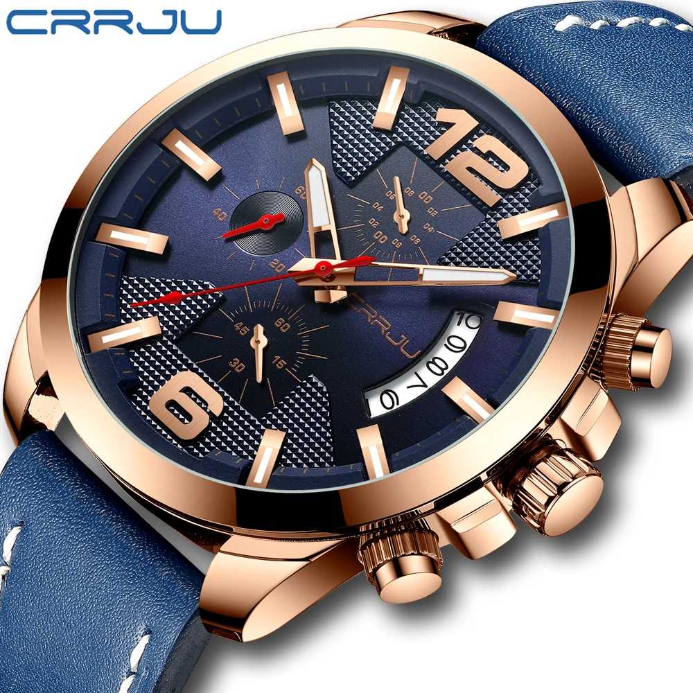 

CRRJU Mens Watches Top Brand Luxury Leather Chronograph Quartz Watch Men Military Sport Waterproof Clock Watch Relogio Masculino