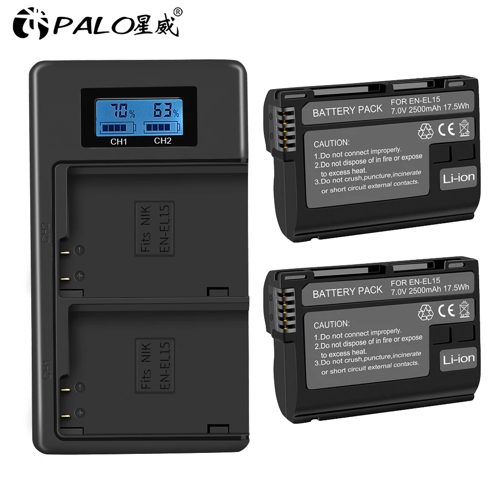 PALO 2 шт. EN-EL15 аккумуляторы+ ЖК-дисплей зарядное устройство с USB кабелем для Nikon d7200 d600 d850 d750 d7100 d800 V1