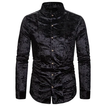 

2019 Men Shirt Henry Velvet Shirts Lapel Long-Sleeved Casual Shirt Autumn Slim Shirt Chemise Homme Men Stage Clothes Clubwear
