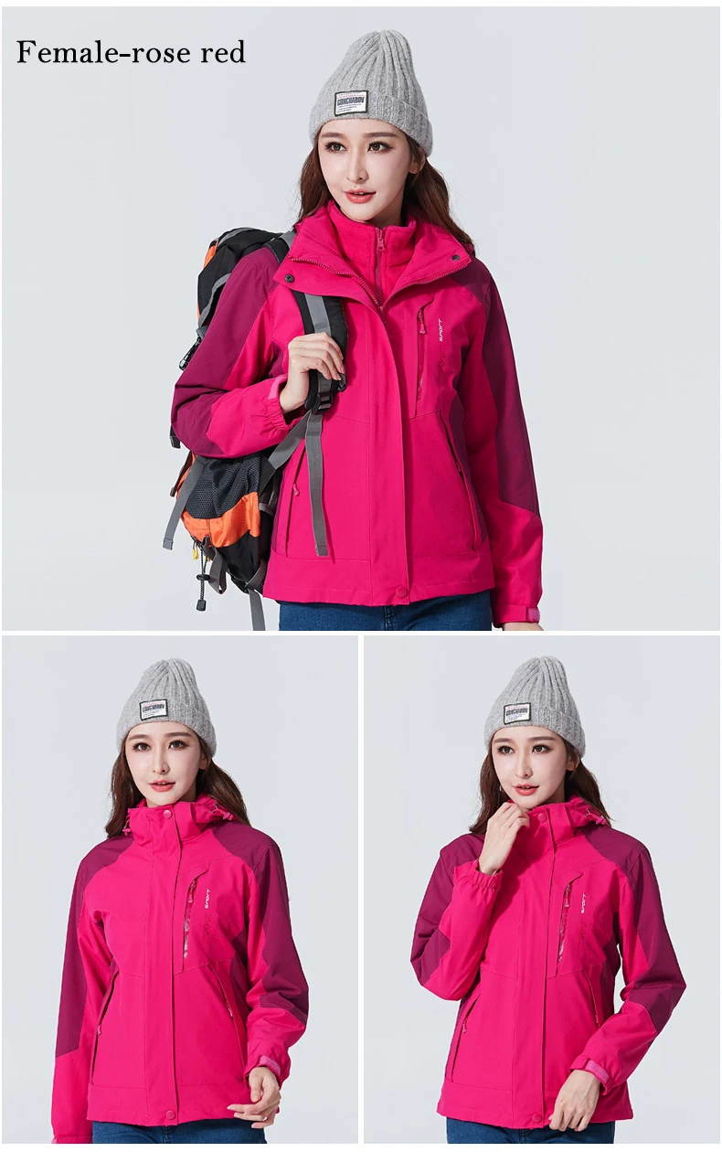 Women- rose Red 3 In 1 Outdoor Hiking Jacket Women Men Camping Tourism Trekking Climbing Waterproof Outdoor Jackets Female Spring Sports Jackets - Цвет: Women- rose Red