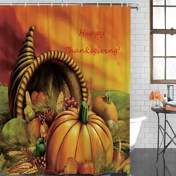 

Happy Thanksgiving Day Shower Curtain with Hooks, Fabric Bathroom Shower Curtains Set Waterproof Polyester Bath Decor, inch，