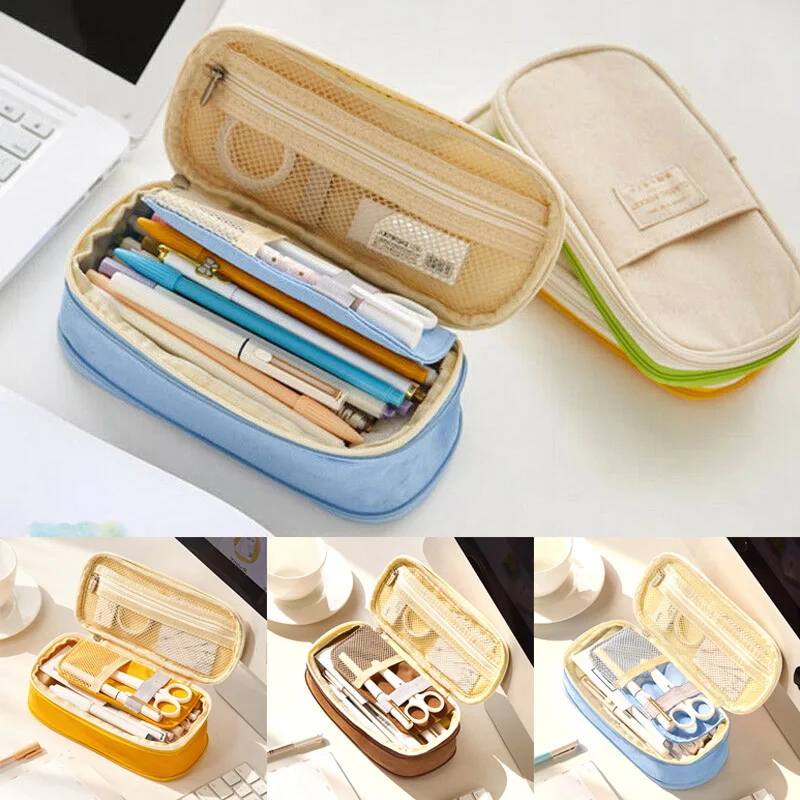 

Double-layer Pencil Pen Case Large Capacity Canvas Zip School Stationary Pen Box Bag Box Makeup Storage