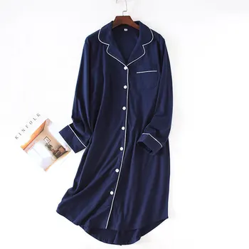 

New Women Sleepwear Nighties 100% Cotton Nightwear Button Nightgown Robe Female Autumn Knee-Length Turn-down Collar Loose Nighty
