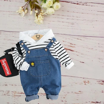 

Autumn Children Outfits Clothes Striped Hooded Infant Toddler Suit Boy Girls Smile Denim Strap Pants Two-piece Kids Baby Garment