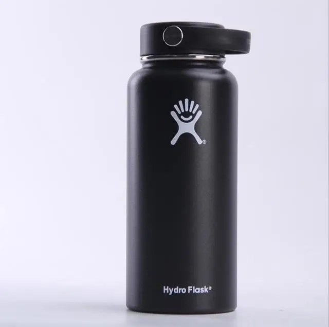 black Бутылка для воды из нержавеющей стали, бутылка для воды с вакуумной изоляцией, переносная термобутылка с широким горлом для путешествий, 32 унции/40 унций - Цвет: black