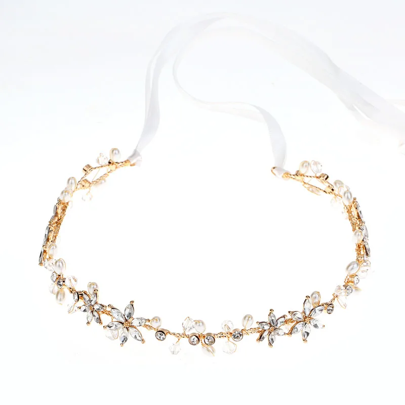Floralbride Korea Style Alloy Flower Leaf Rhinestone Pearl Bridal Headband Wedding Tiara Vine Hair Accessories Women Jewelry