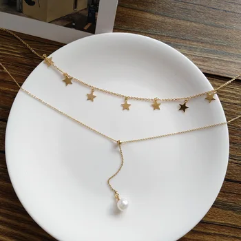 

Women Jewelry Necklace Two Layer Thin Chain Choker Small Stars Simulate White Pearl Pendant Necklace For Girl Student Gifts