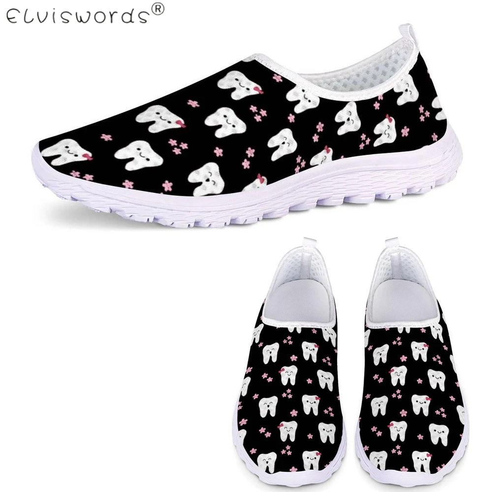 

ELVISWORDS Cute Cartoon Teeth Pattern Women Spring Summer Casual Shoes Ladies Comfortable Non-slip Sneakers Slip-on Mesh Lazy