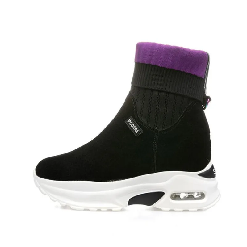 

winter sock boots high heel wedge Autumn New Wedge genuine leather boots Knitting Short Ankle Boots Platform heel snow boots