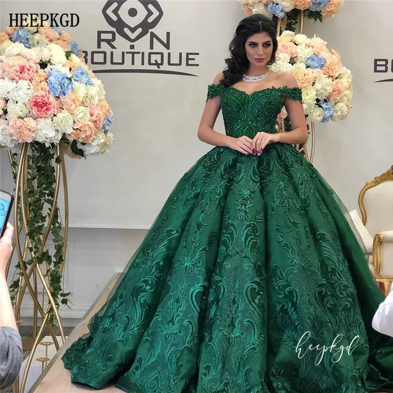 Изумительные темно-зеленые вечерние платья с длинным шлейфом в Дубае огромные блестящие аппликации с открытыми плечами вечерние платья с корсетом на заказ