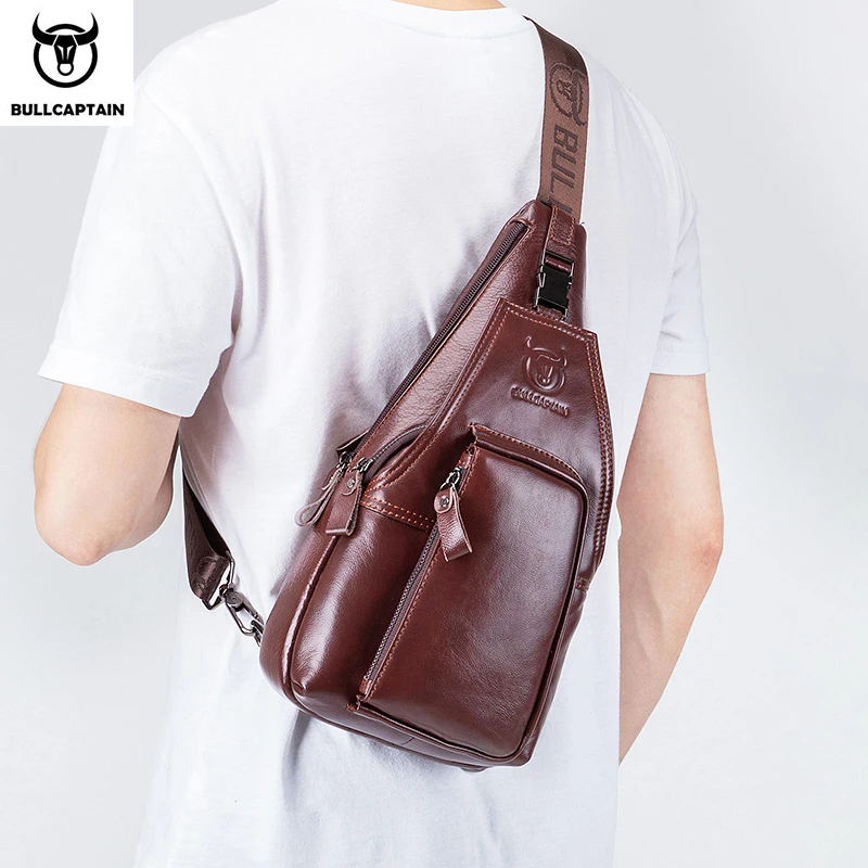 Men's Genuine Leather Chest Pack Chest Bag Men Multifunctional Headphone Jack Bages Casual Messenger Bags mens messenger bag