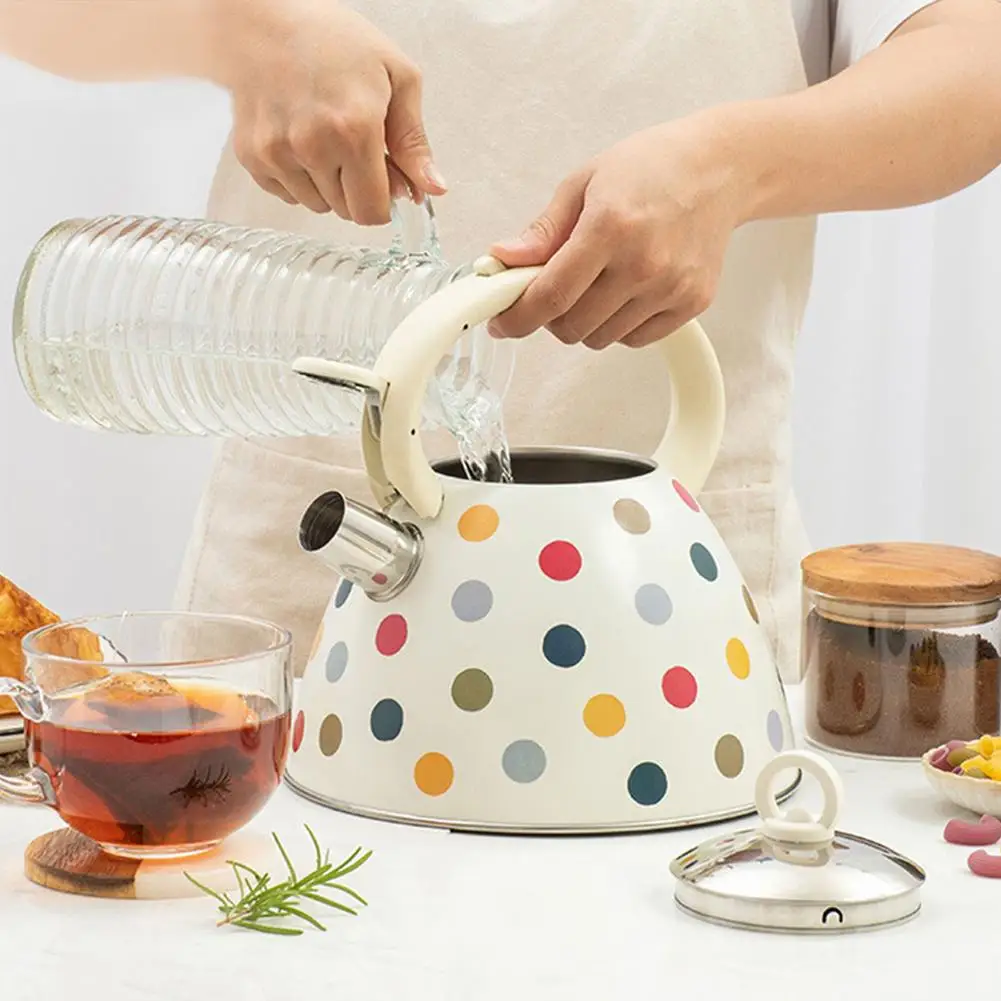 102oz stainless steel White With Colorful Dots Whistling Kettle Kitchen Water Pot With Handle