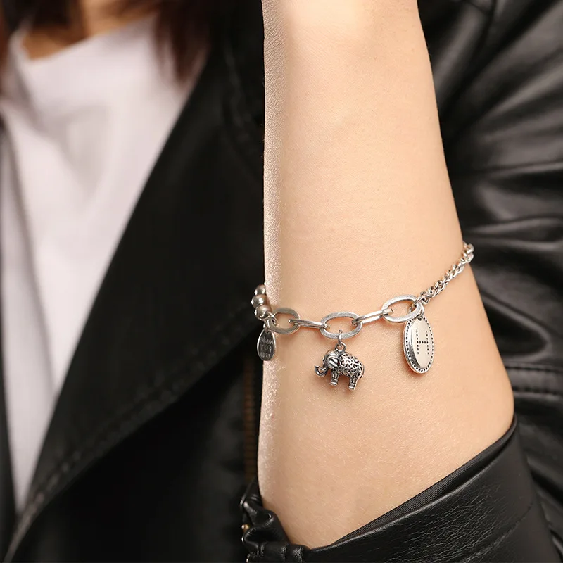 

Cartoon Cute Baby Elephant Bracelets South Korea S925 Fine Silver Cool Retro Retro Thai Silver Bracelets Women's Best Friend Gif