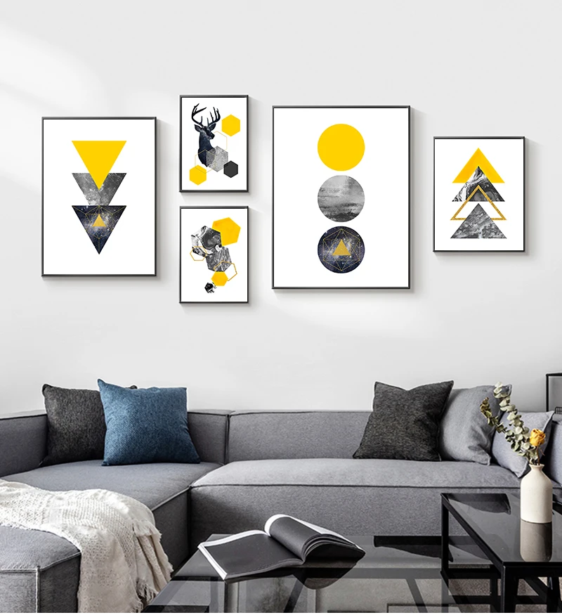 Abstract Grey Yellow Geometric Triangles Nordic Deer Poster Wall Art Printing Pictures Living Room Home Decor | Дом и сад