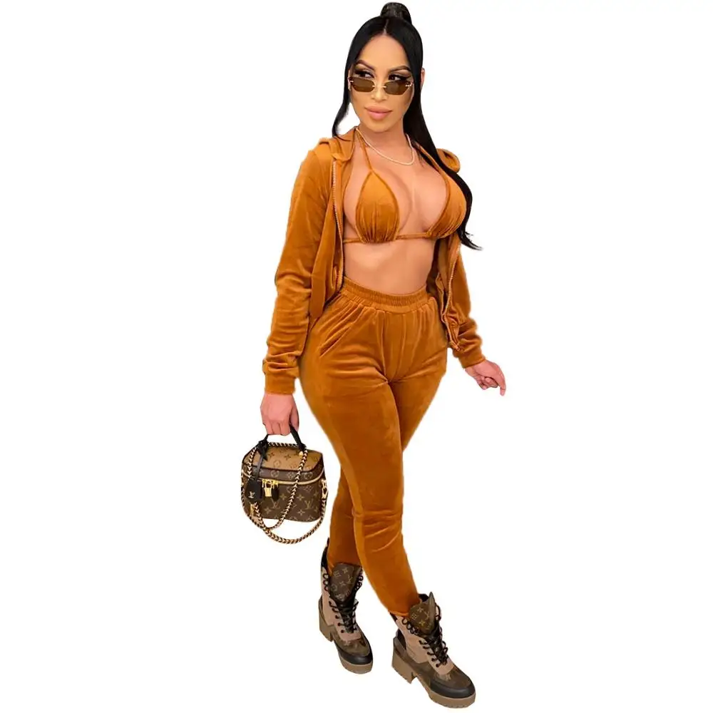 

Adogirl Casual Fitness Velvet Tracksuits Women Set Hooded Jacket Bra Top Jogger Pants Suit 3 Pieces Set Solid Activewear Outfits