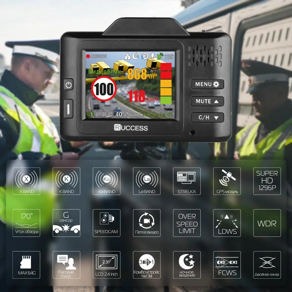 Видеорегистратор RUCCESS LD600 Full HD 1296P 1080P 3 в 1 GPS радар детектор двойная камера