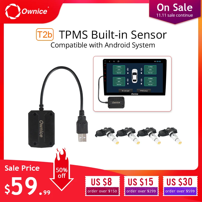 Baratos Ownice USB Android TPMS Monitor de presión de neumáticos Android navegación Android control de presión sistema de alarma transmisión inalámbrica TPMS