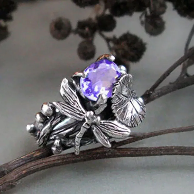 Cellacity Vintage Thai Silver 925 Jewelry Gemstones Ring for Women Dragonfly Lotus Sapphire Emerald Amethyst Bury Sapphire Gift