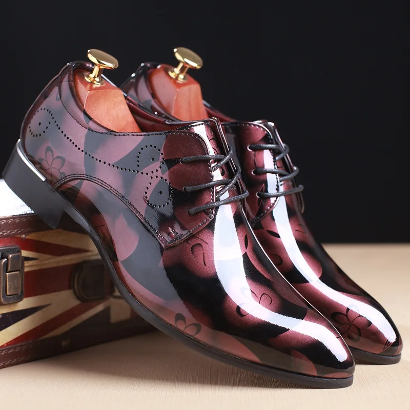

Pop!Plus Size 38-50 Men Formal Dress Shoes Luxury Patent Leather Pointed Toe Floral Pattern Leather Shoes Men Oxford Shoes