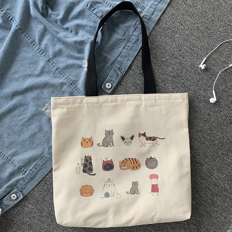 New Large-capacity Ladies Canvas Bag Japanese Cartoon Cat Pattern Female Shoulder Bag Lightweight Student Cloth Bag