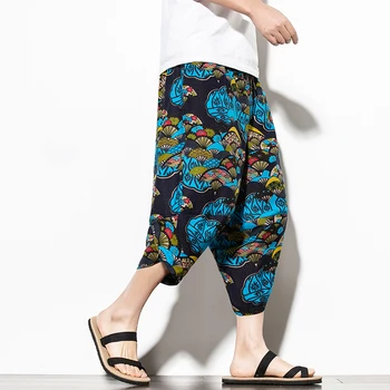 

Men Casual Pants Floral Mid Waist Loose Beach Calf Length Trousers Drawstring Cotton Linen Bloomers Harem Pants Dropshipping