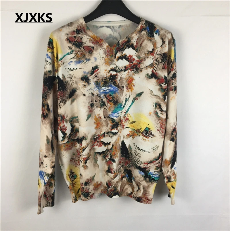 

XJXKS Autumn Women Oversized Sweaters Full Sleeve Pullover Sweater Women Plus Size Loose Casual Print Knit Sweaters