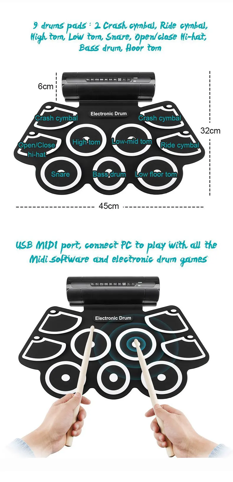 Портативный цифровой USB электронный барабан с 9 подушечками рулон толще барабанный набор силиконовые электрические барабанные палочки ножной комплект педалей барабанный коврик