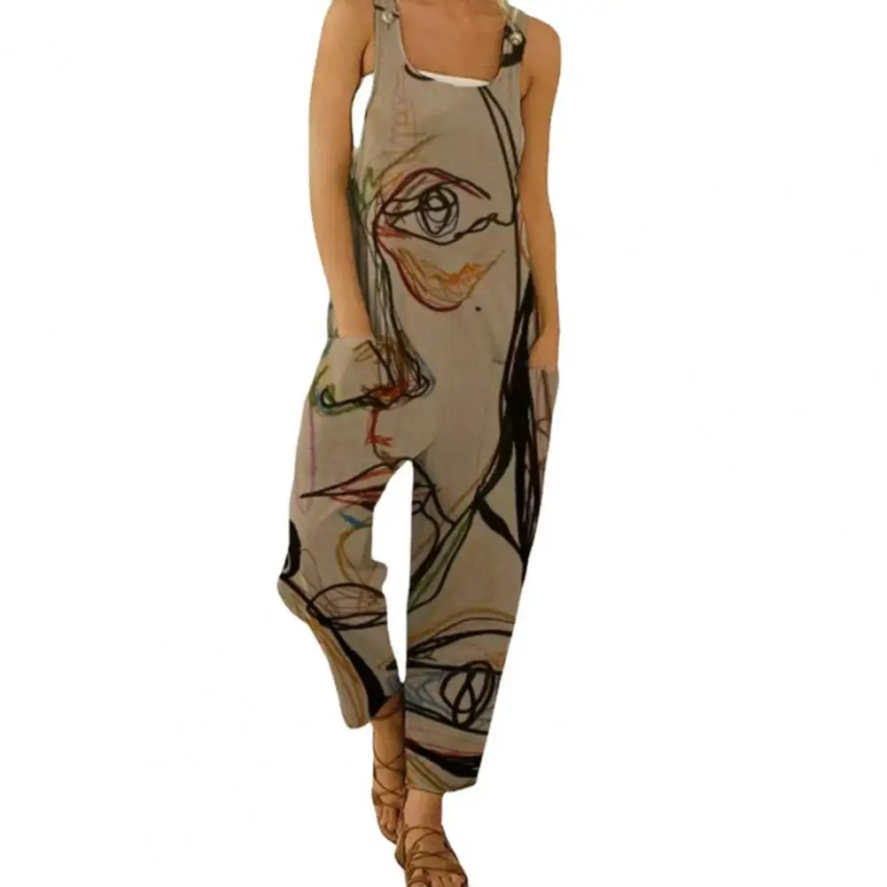 

Casual Women Jumpsuit Abstract Scrawling Sleeveless Strappy Pockets Loose Overall Romper for Work Rompers Stylish Playsuit
