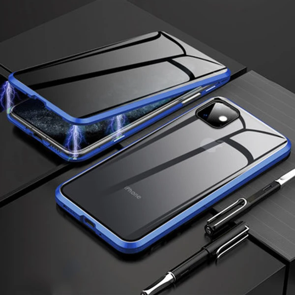 Роскошные Чехлы с закаленным стеклом для iPhone 11, чехол, не подсвечивающий Магнитный чехол, чехол для Apple iPhone 11 Pro Max 360, полный Чехол - Цвет: Синий