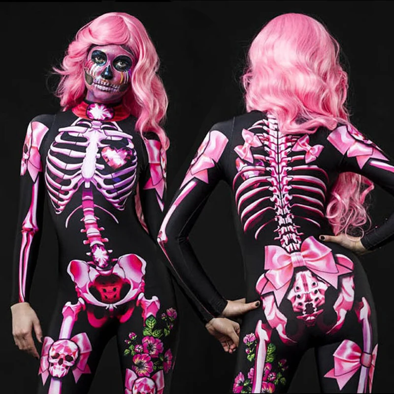 

3D Print Skeleton Floral Specter Jumpsuit Women Party Cosplay Demon Scary Costume Bodysuit Halloween Carnival Devil Ghost Romper