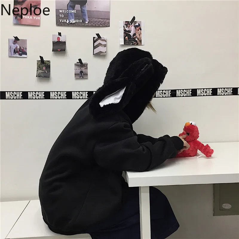 Neploe Ins Harajuku стиль Ретро Кролик уха дизайн толстовка с капюшоном черный свободный толстый унисекс пуловер для влюбленных Свободные толстовки 47354