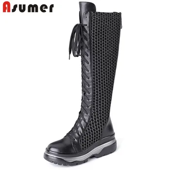 

ASUMER 2020 Newest genuine leather knee high boots women round toe flat platform boots elastic force autumn winter shoes woman