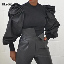 HEYounGIRL Винтажная футболка с пышными рукавами женская черная белая Элегантная укороченная футболка женская модная футболка Femme офисная Готическая осенняя