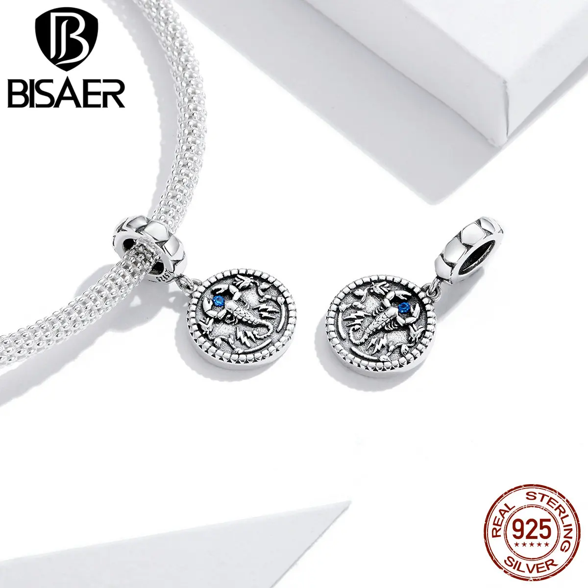 Подвески BISAER из 100% стерлингового серебра 925 пробы с синим цирконием круглые