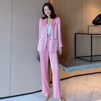 

Designer Autumn New Fashion High-Quality Long-Sleeved Suit Jacket Loose Trousers Elegant Chic Satin Casual Party Women'S Sets