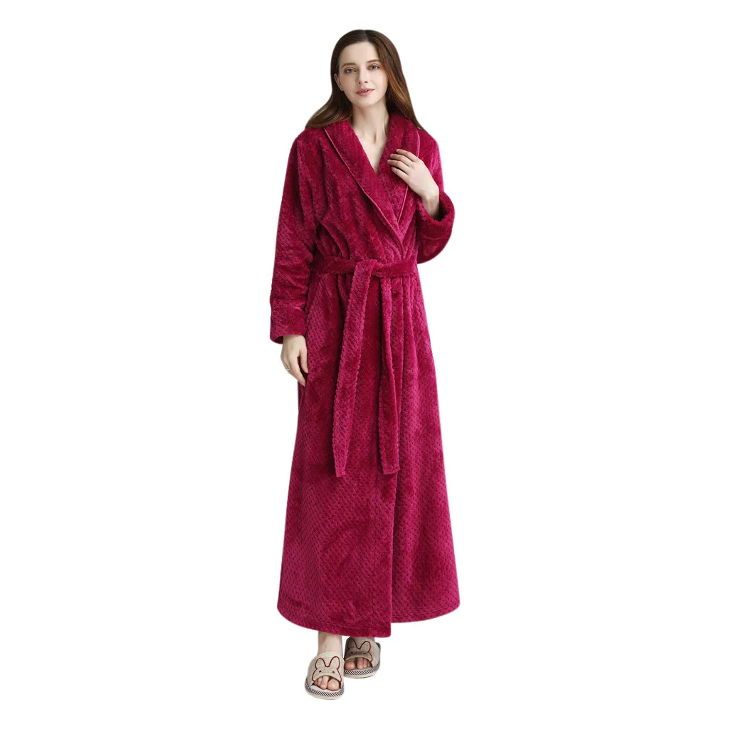 Womens Solid Thicken Coral Fleece Robe Bathrobe Gown Pajamas Sleepwear Pocket - Цвет: Hot Pink