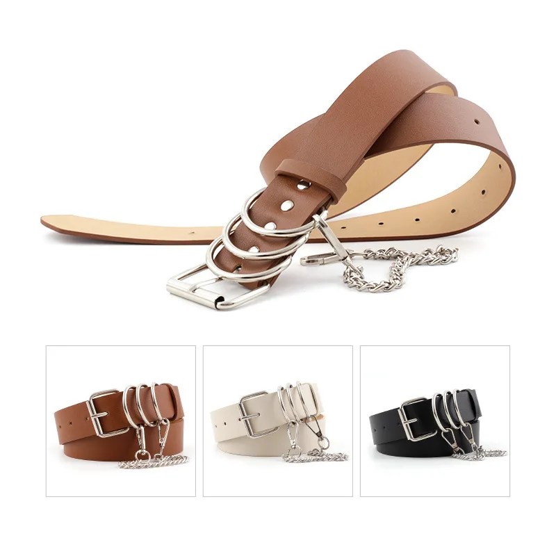 New Women Leather Chain Ring Belt Female Square Pin Buckle Waistband White Black Fashion Hot Waist Belt For Jeans Trousers Z20