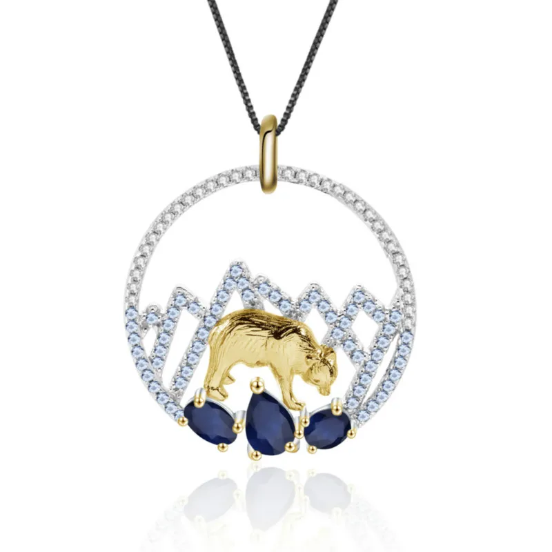 GEM'S балет 1.02Ct 925 пробы Серебряный Натуральный сапфировый ручной работы Снежная гора Полярный медальон в виде медведя Ожерелье для женщин ювелирные изделия