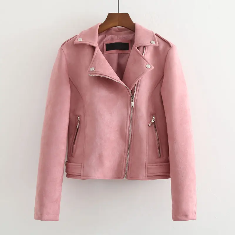 pink Новинка, Весенняя замшевая Женская куртка, модные Базовые Куртки, Chaqueta Mujer, короткое пальто на молнии, Женская Повседневная мотоциклетная куртка C5227 - Цвет: pink