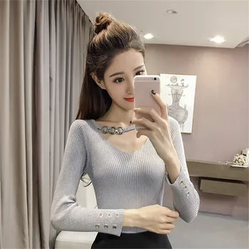 

Sexy V-neck Sweater women 2019 new pullover base shirt autumn and winter long-sleeved knitting sweater ladies tops #20