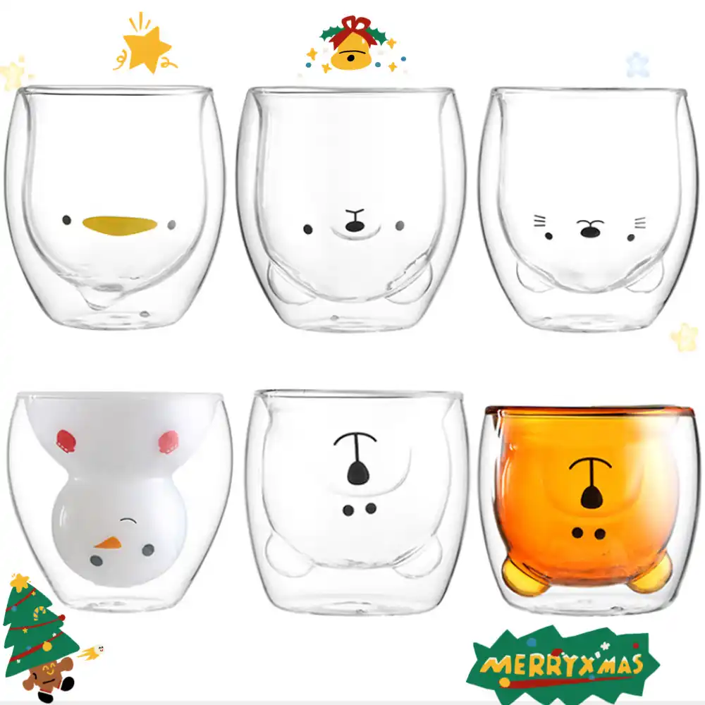 ガラスマグ二重壁ガラスマグ 熊猫犬動物二層ガラスマグコーヒーカップ クリスマスマグのギフト かわいい茶ミルクカップ マグカップ Aliexpress