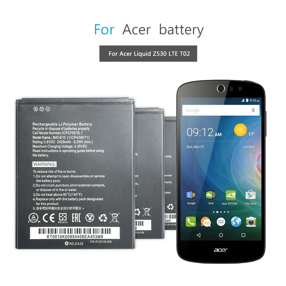 Фотоаккумулятор для Acer Liquid Z530 LTE T02 Z530S BAT E10 (1ICP4/58/71) ICP9375870L1 2420 мАч|Аккумуляторы
