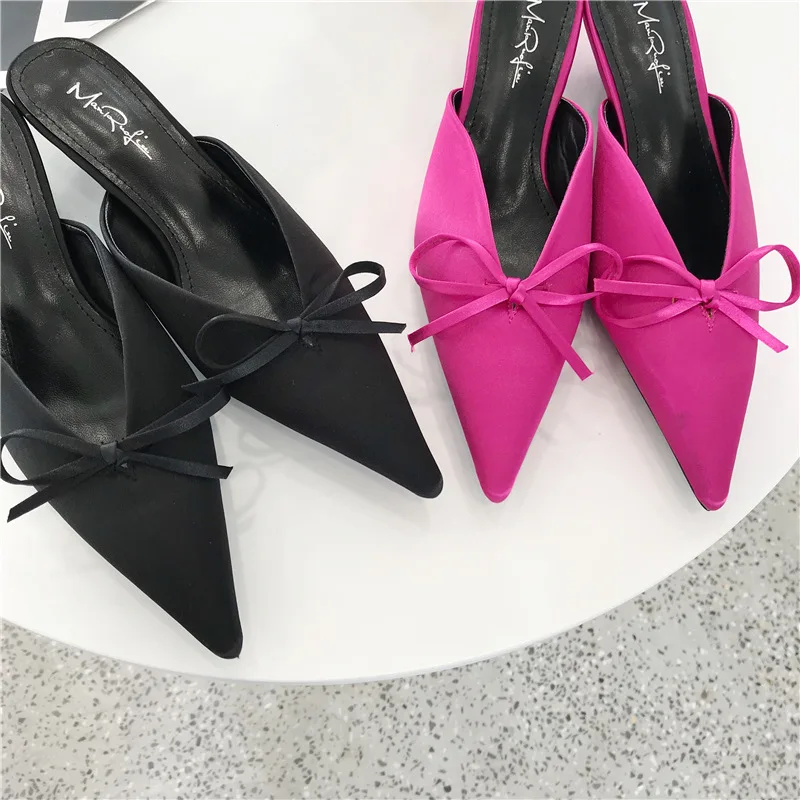 Тапочки с острым носком женская обувь на каблуке кошка шелковые шлепанцы без