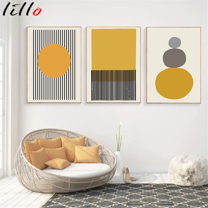 Lines Stripes Painting Minimalist Poster Canvas Prints Mustard Colors Gray and Black Wall Pictures Living Room Art Decor | Дом и сад